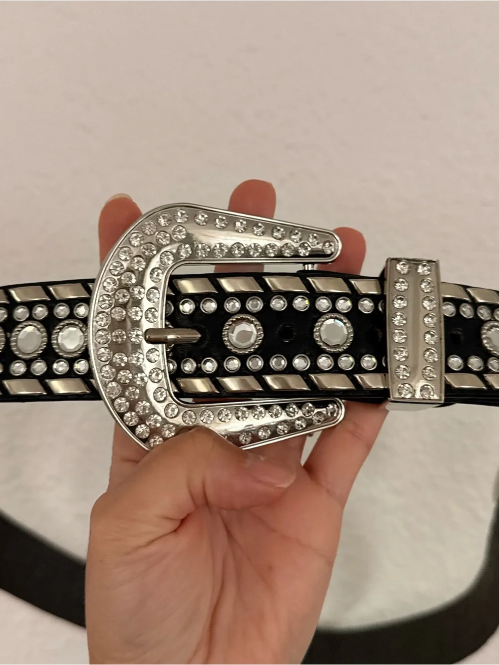 Crystal-Embellished Black Western Belt